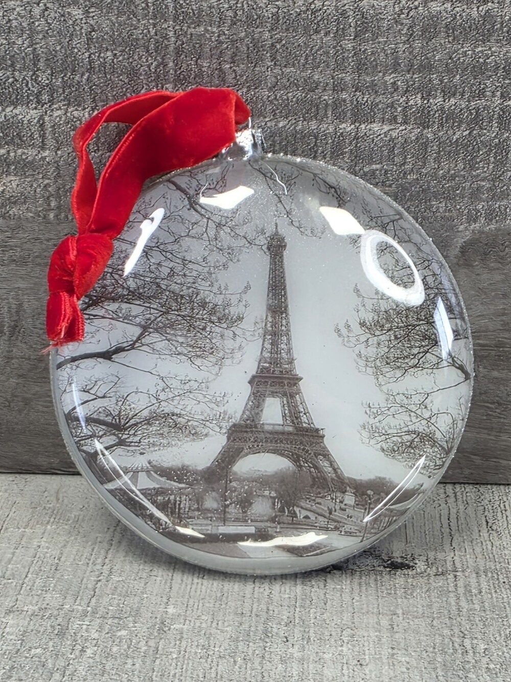 Christmas Silver Glittery Glass Flat Bauble Eiffel Tower Paris Ornament 6" g51b